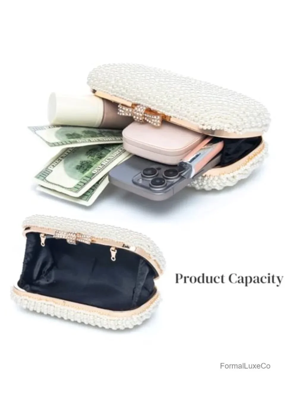 Women's Pearl Clutch Purse Evening Handbag Beaded Bag Wedding Party Chain